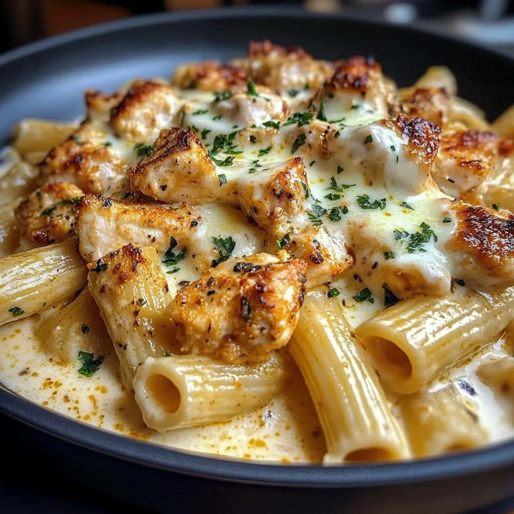 Mozzarella Cajun Chicken Rigatoni in Garlic Cheese Sauce